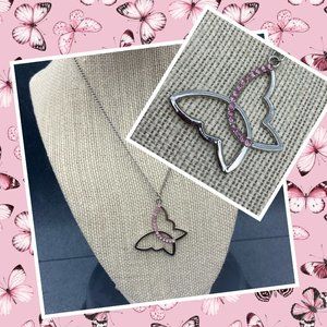 Simple Butterfly Pendant Necklace 15.5 In Barbie Pink Rhinestone Silver Chain